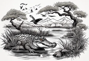 Scene live oak marsh birds alligator tattoo idea
