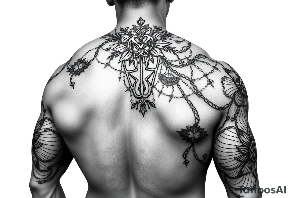 tattoo that starts on the left side of the neck, goes down the left arm to the hand, and also through the left part of the chest, stomach to the right thigh and further to the foot.
The pattern is not continuous, something like a dense web or fibers with woven Ukrainian and military symbols.
On the muscles (biceps, biceps, abs, etc.) the pattern should visually emphasize the structure of the muscles tattoo idea