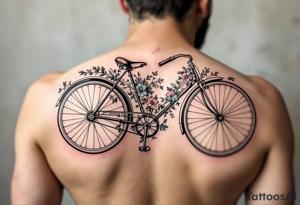 A vintage bicycle with intricate floral designs on the frame, in soft pastels (light pink, mint green, and lavender), symbolizing freedom and adventure. tattoo idea
