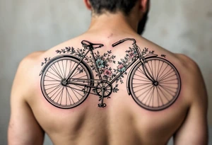 A vintage bicycle with intricate floral designs on the frame, in soft pastels (light pink, mint green, and lavender), symbolizing freedom and adventure. tattoo idea