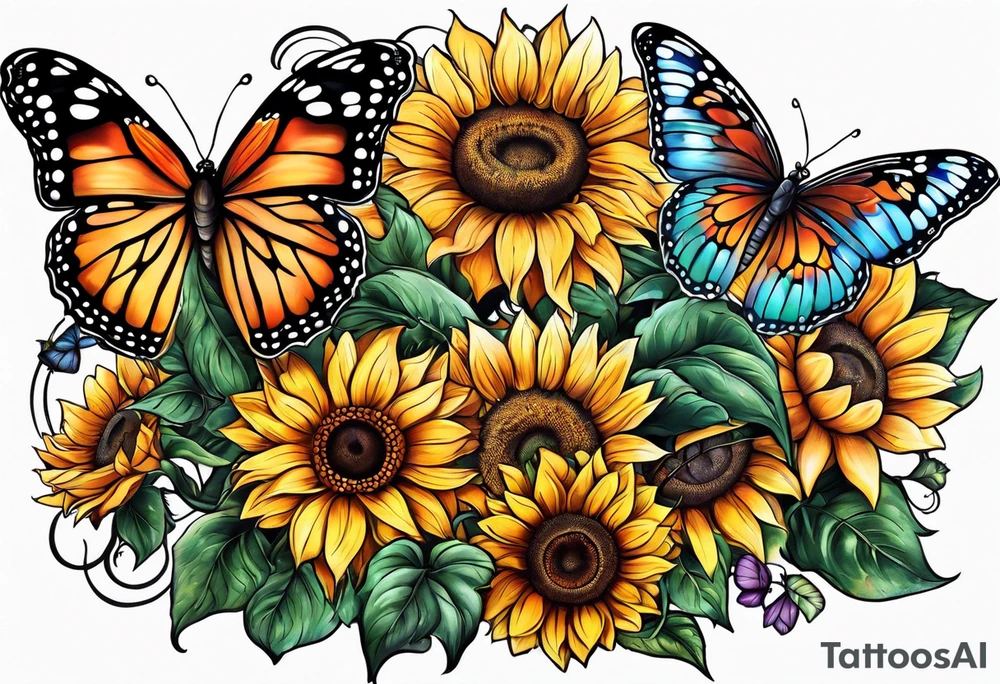 Sleeve with butterflies and sunflowers tattoo idea