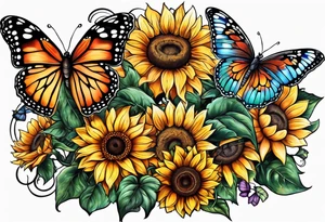 Sleeve with butterflies and sunflowers tattoo idea