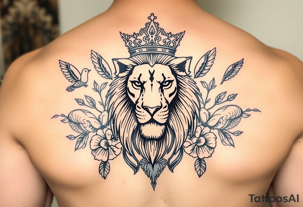powerful majestic lion with a crown, surrounded by floral ornaments and birds tattoo idea