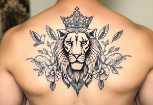 powerful majestic lion with a crown, surrounded by floral ornaments and birds tattoo idea