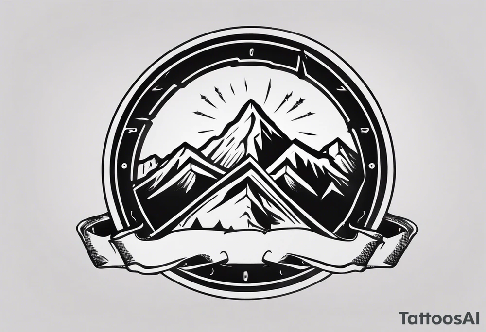road cycle front wheel drawn as a gym weight plate with a mountain in the middle tattoo idea