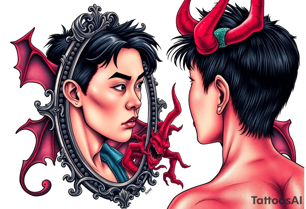 Handsome Asian young guy is looking in cursed mirror and see devil tattoo idea