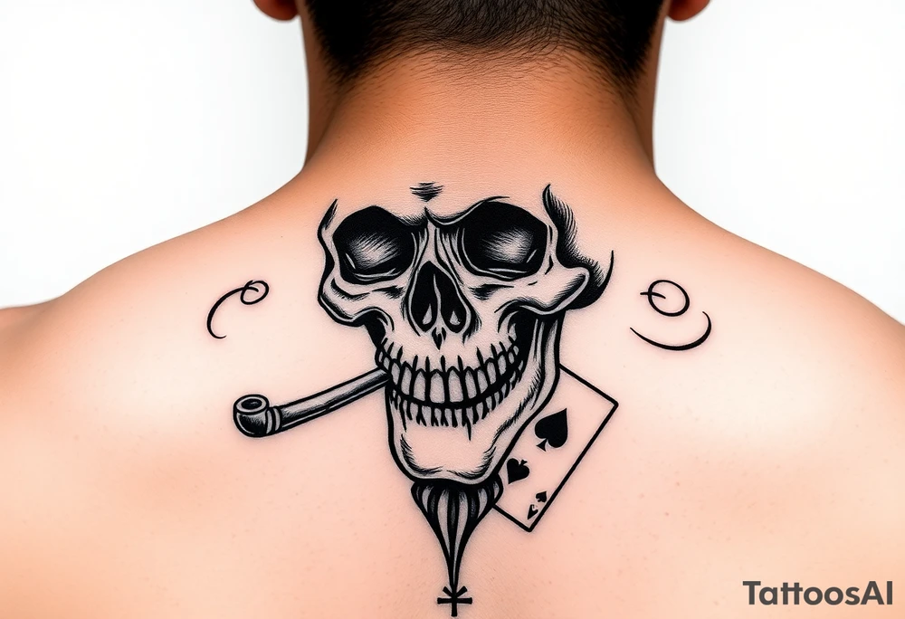 skull with top-hat and cigar in his mouth, playing cards. tattoo idea