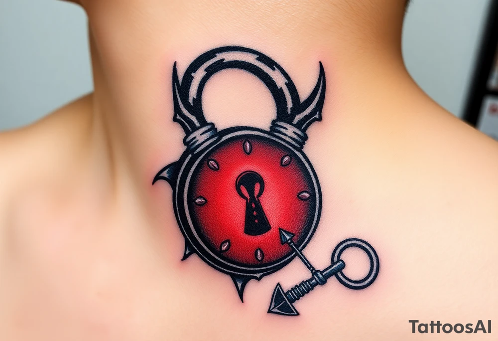 A black and red demonic lock with lockhole and with glowing eyes, with a spiked key floating near it tattoo idea