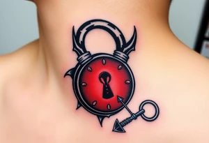 A black and red demonic lock with lockhole and with glowing eyes, with a spiked key floating near it tattoo idea