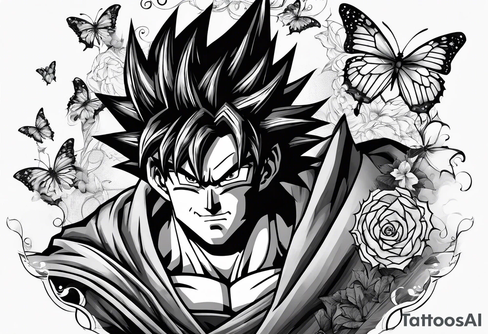 Goku and Batman symbol with butterflies tattoo idea