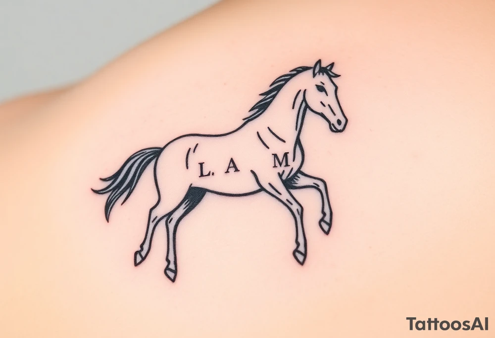 horse silhouette 
from the front which gallops from the front, with the 3 small letters discreetly integrated: L, A, M tattoo idea