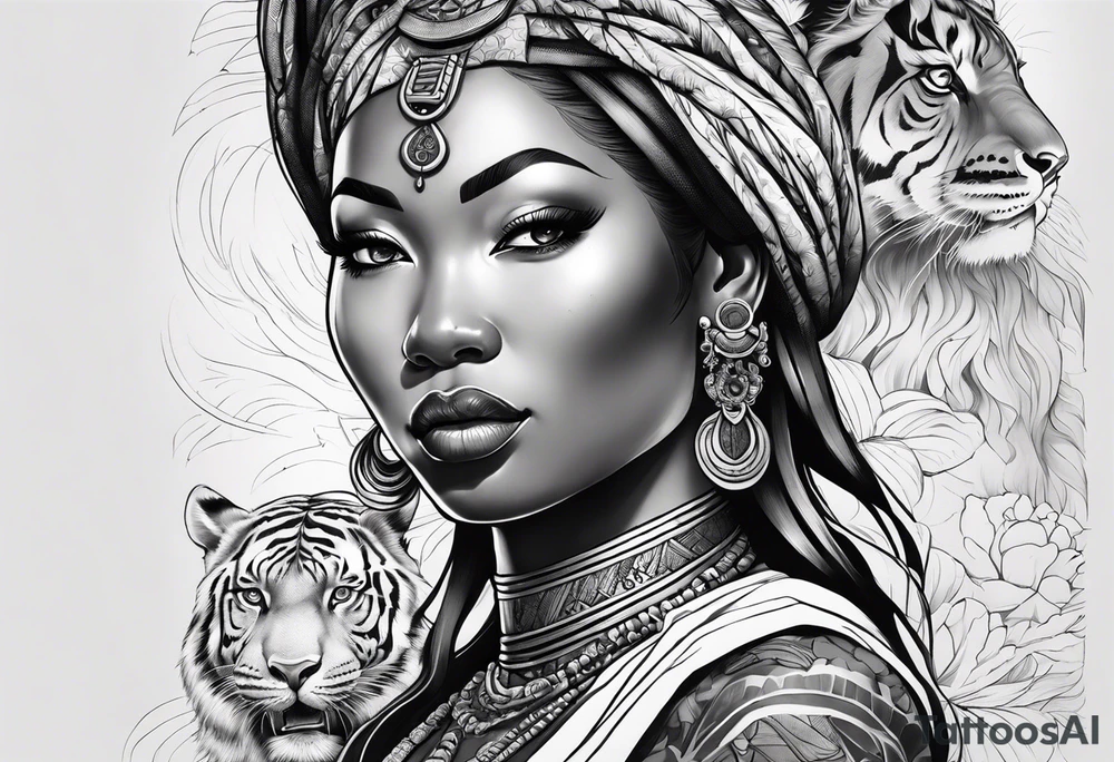 African goddess Japanese traditional style full sleeve with tiger tattoo tattoo idea
