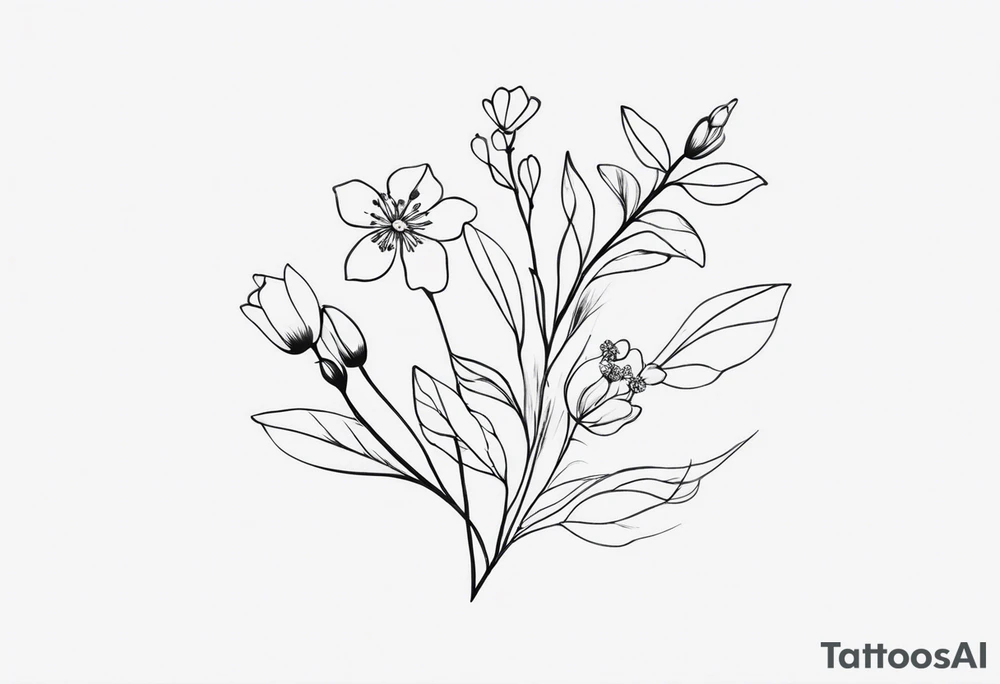 “Generate a subtle botanical tattoo with soft, flowing lines, showcasing tiny flowers and leaves arranged in a delicate pattern tattoo idea