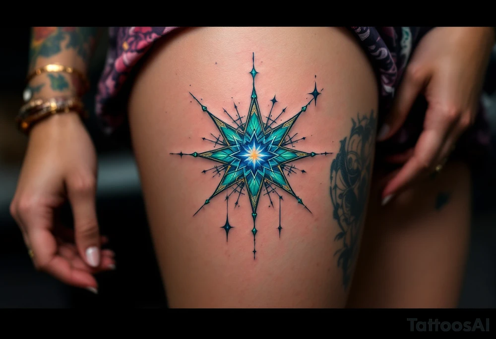 A blue-green Alatyr star rests at the center of the universe, embodying balance and divine order. tattoo idea