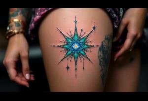 A blue-green Alatyr star rests at the center of the universe, embodying balance and divine order. tattoo idea