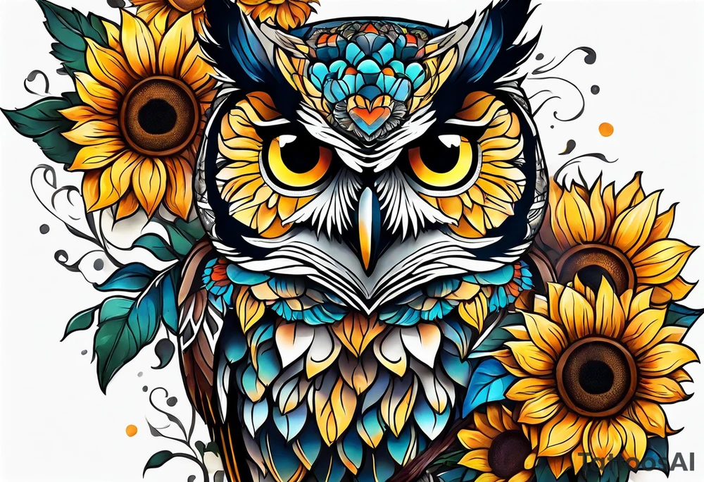 Leg sleeve with colorful sunflowers and an owl tattoo idea