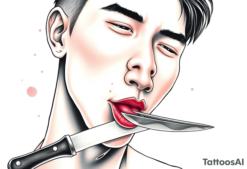 Handsome Asian young guy is licking a knife tattoo idea