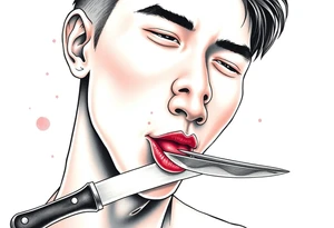 Handsome Asian young guy is licking a knife tattoo idea