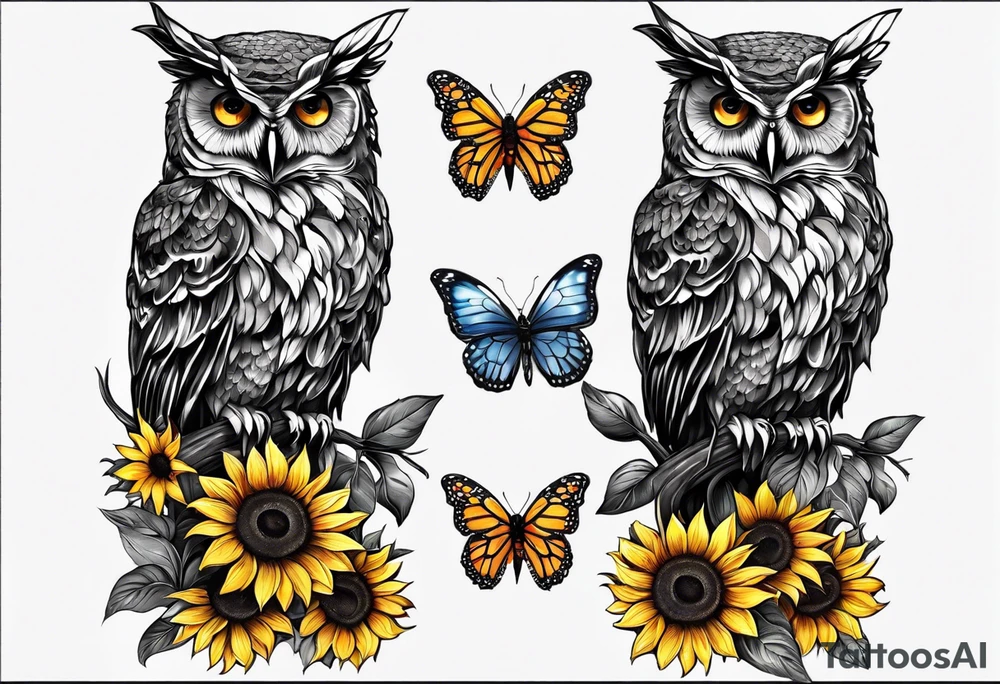 Arm sleeve with an owl surrounded by sunflowers with a butterfly on the sunflower tattoo idea