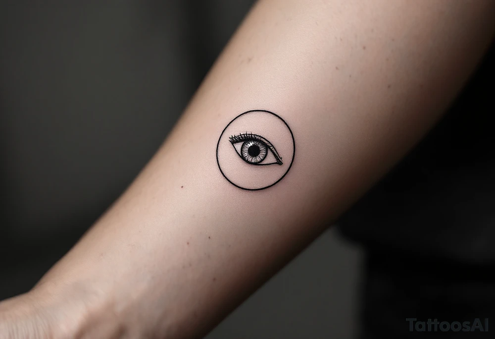 Simple black line tattoo of an eye centered in a perfect circle, thin lines, minimal design. tattoo idea