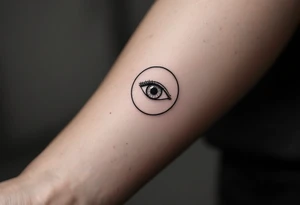 Simple black line tattoo of an eye centered in a perfect circle, thin lines, minimal design. tattoo idea