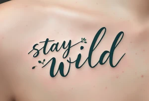 "Stay Wild" in handwritten brush script, black ink with subtle watercolor splashes in earthy greens and browns, giving it a free-spirited, nature vibe. tattoo idea