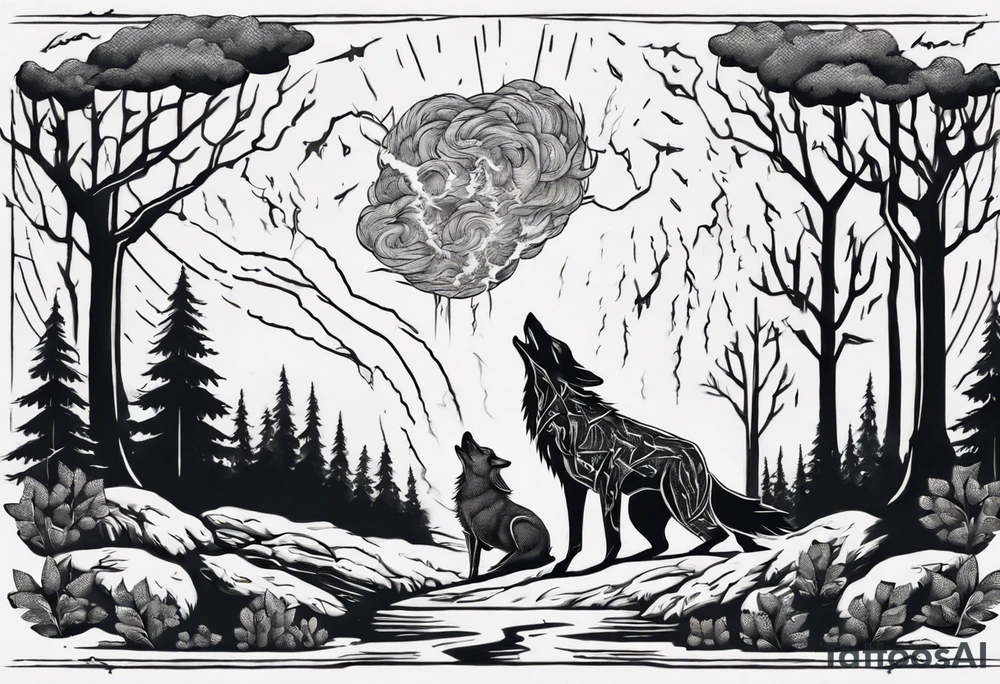 a thunder and lightning storm over a forest with a distant wolf howling and a drum circle tattoo idea a thunder and lightning storm over a forest with a distant wolf howling and a drum circle tattoo idea