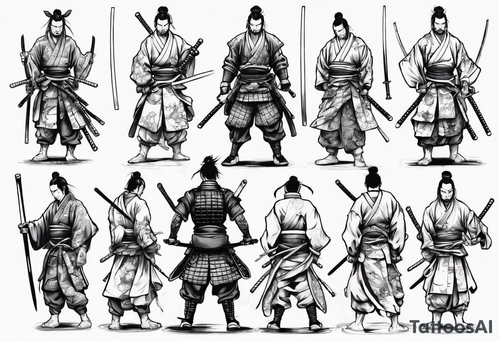 Samurai standing with his back among swords tattoo idea