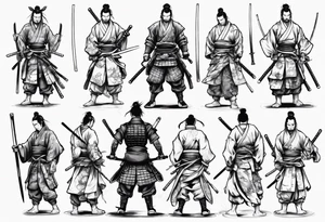 Samurai standing with his back among swords tattoo idea