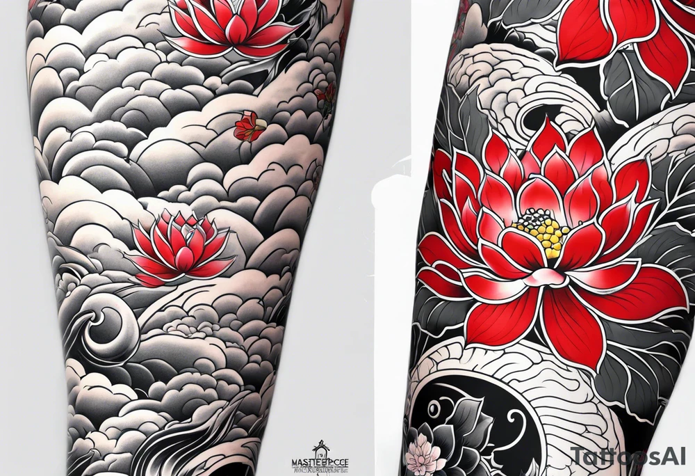 traditional irezumi full leg sleeve with crane, cherry blossoms, and lotus flowers tattoo idea