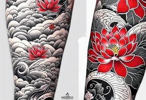 traditional irezumi full leg sleeve with crane, cherry blossoms, and lotus flowers tattoo idea