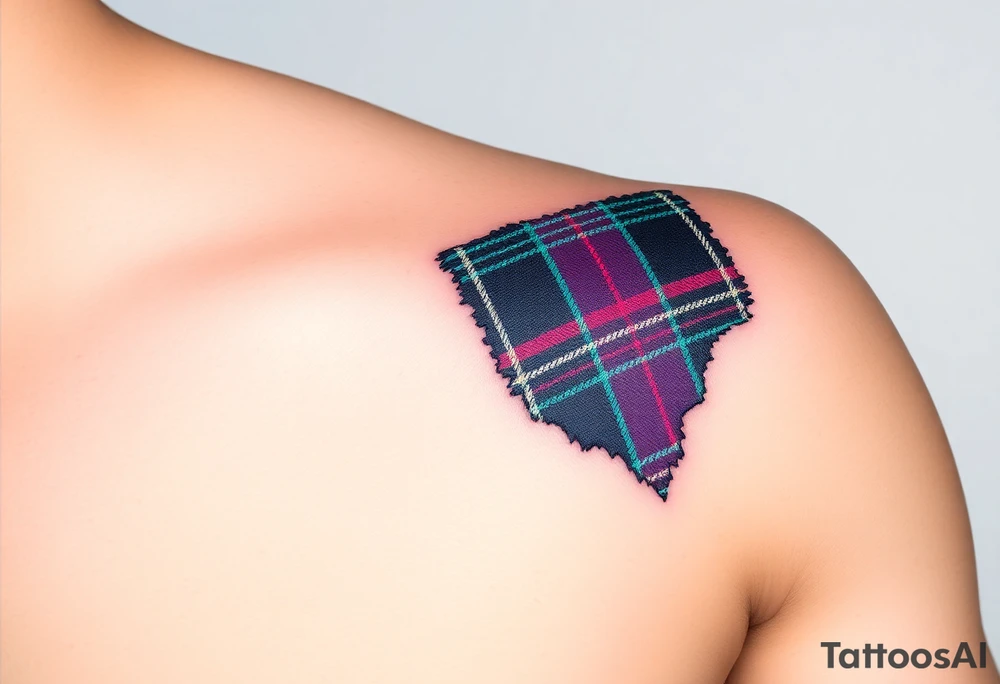 Side of arm Dark Purple with green pink blue and white highlights tartan fabric with skin peeling away at edges tattoo idea