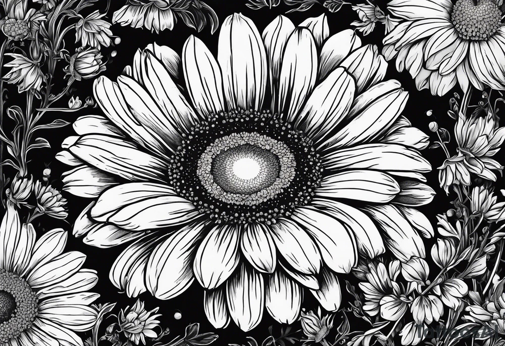 Sweet Pea Marigold cosmos daisy with a spider and a buffterly with a sun and moon tattoo idea