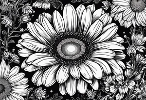 Sweet Pea Marigold cosmos daisy with a spider and a buffterly with a sun and moon tattoo idea