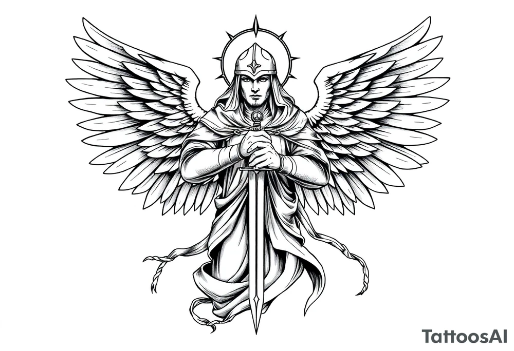 Holy Archangel, Biblical, Christianity, Hebrew, Guards of Christianity, Holding a sword, has six wings, wearing helmet, halo, seraphim, seek justice, walk only with God tattoo idea