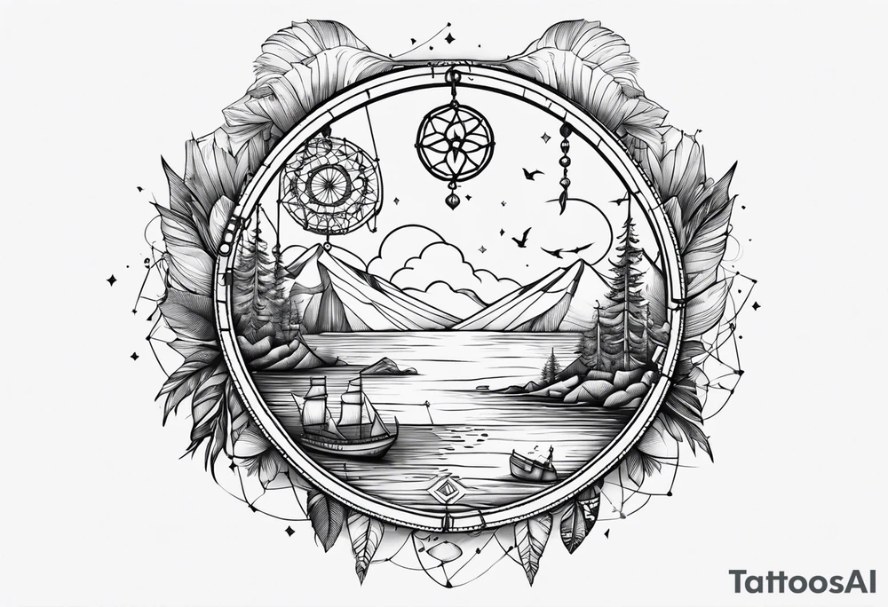 travel tattoo with dreamcatcher mantra luck, sea, plane tattoo idea