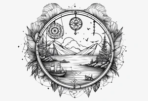 travel tattoo with dreamcatcher mantra luck, sea, plane tattoo idea