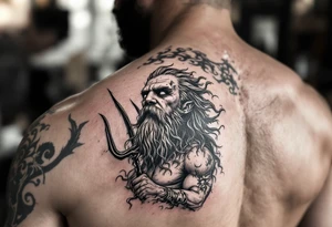 funny poseidon, behind a trident, looking at the sky tattoo idea