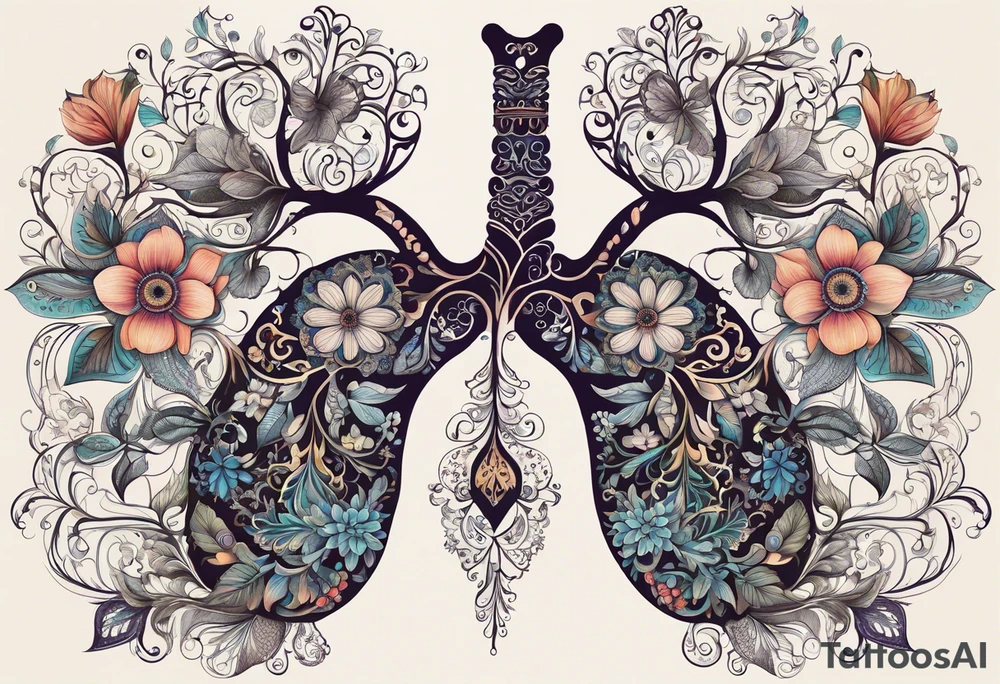 intricate and artistic arrangement of flowers and ornamental patterns that come together to form the shape of human lungs. The design should have a balance of delicacy and detail, with vibrant floral elements seamlessly intertwining to mimic the structure of the lungs, including the bronchi branching into floral motifs. Incorporate subtle shading and depth to give the tattoo a dynamic and organic feel, while maintaining elegance and symmetry tattoo idea