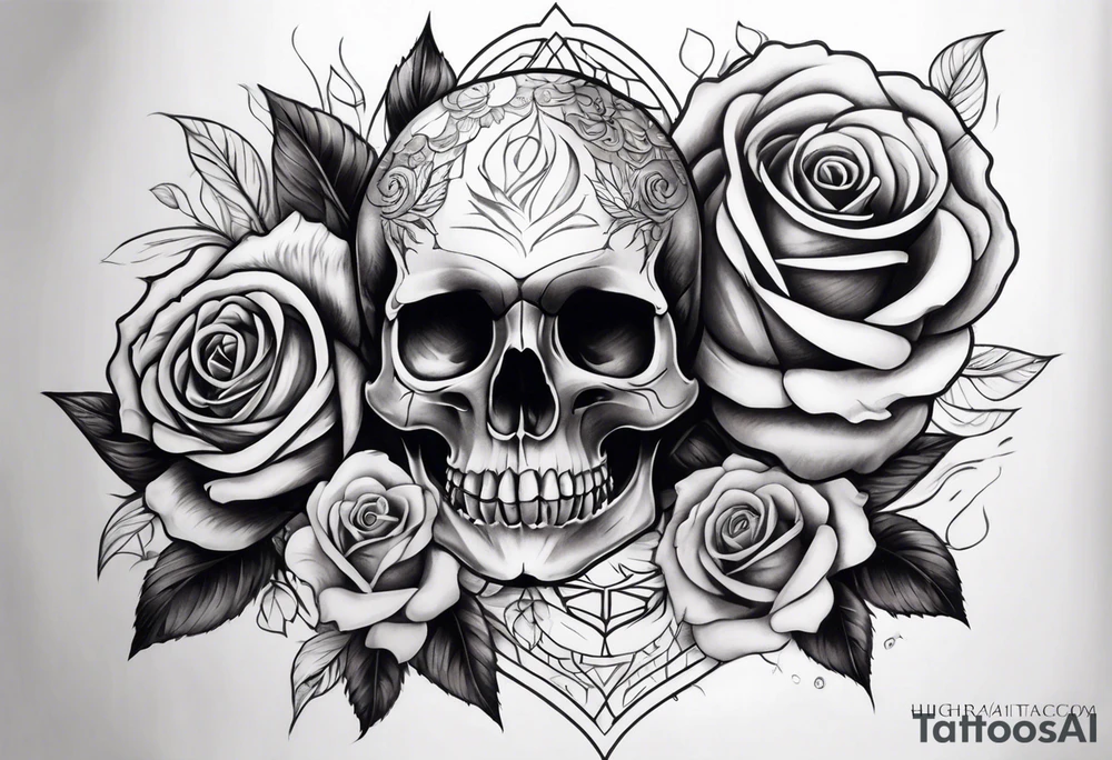 black upper arm sleeve skull rose tattoo idea