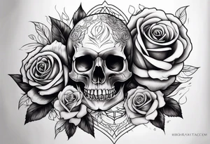 black upper arm sleeve skull rose tattoo idea
