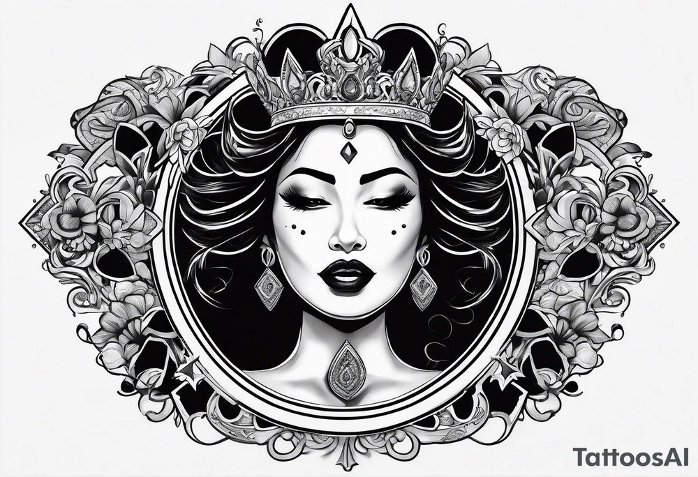 Latina Queen ahegao, drooling, happy, Spade Symbol with letter Q in the center of the spade framed, surrounded by whitespace hentai tattoo idea