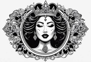 Latina Queen ahegao, drooling, happy, Spade Symbol with letter Q in the center of the spade framed, surrounded by whitespace hentai tattoo idea