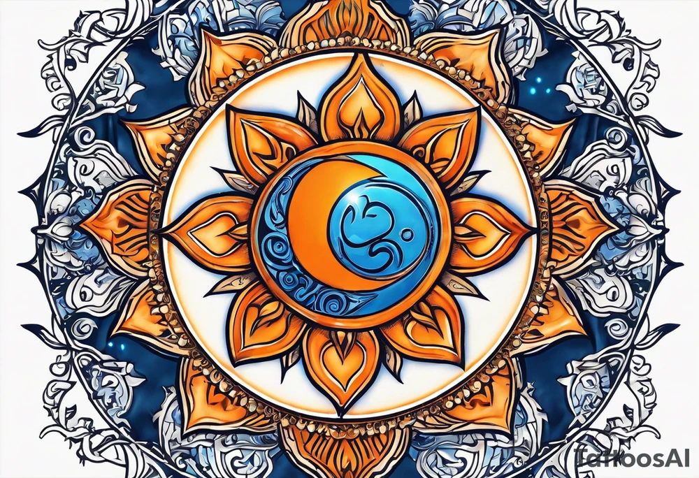 I'd like a tattoo of an orange sun with a blue om symbol superimposed on it. The sun should be behind the ohm symbol. tattoo idea