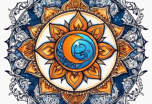 I'd like a tattoo of an orange sun with a blue om symbol superimposed on it. The sun should be behind the ohm symbol. tattoo idea