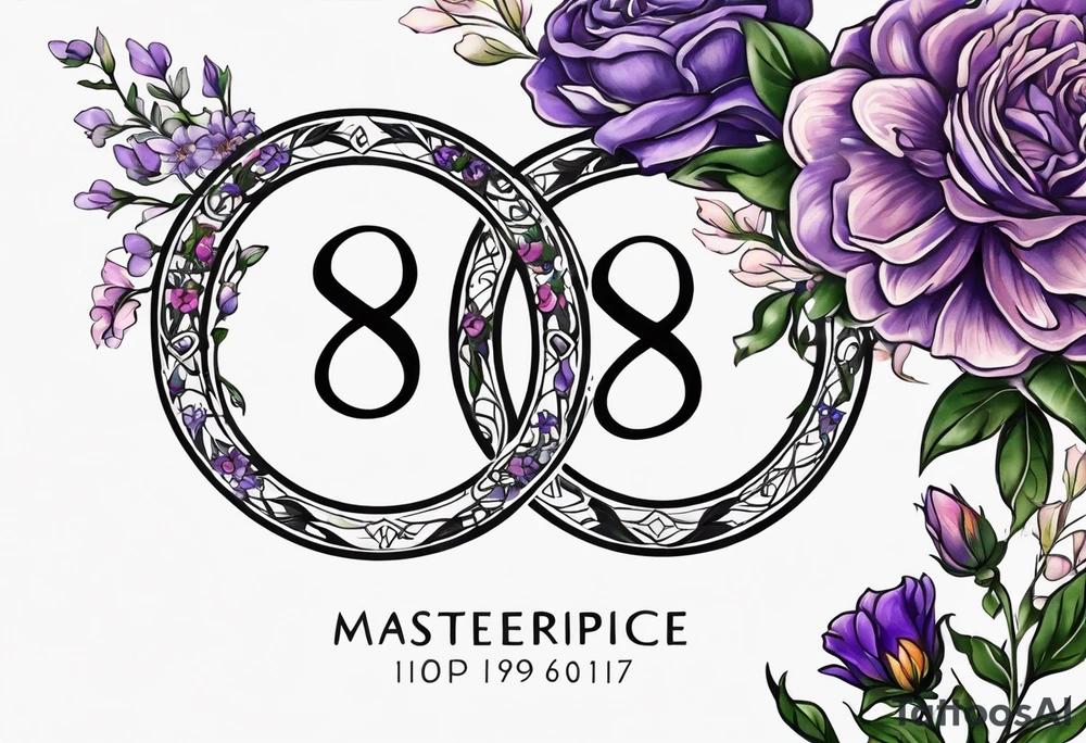Infinity symbol with violet, rose, larkspur and aster birth flowers on one side and the date 8.30.1997 on the other side tattoo idea