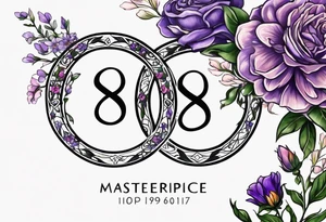 Infinity symbol with violet, rose, larkspur and aster birth flowers on one side and the date 8.30.1997 on the other side tattoo idea