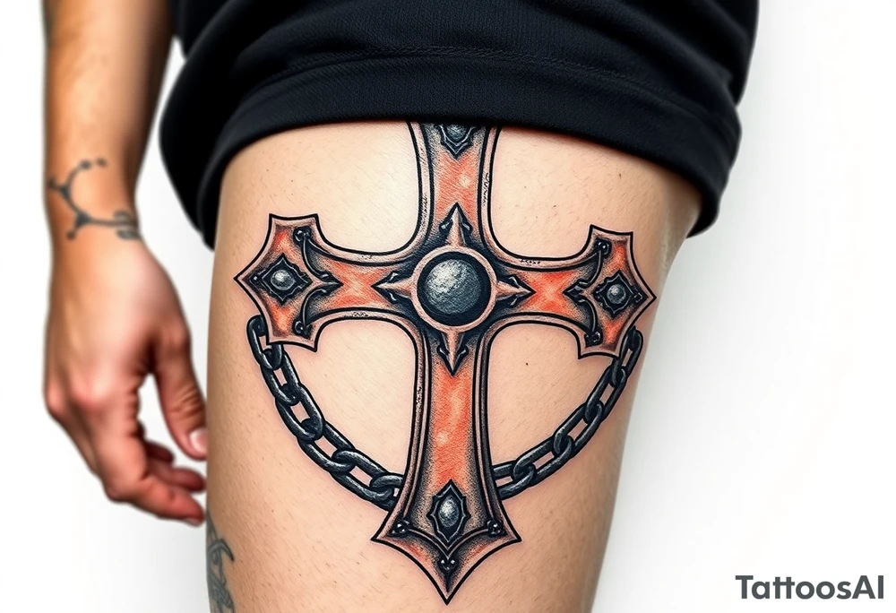 A rusted iron Templar cross with chain wrapped around it tattoo idea