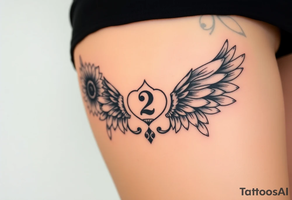sunflower, wings, or halo with a 2 of clubs tattoo idea