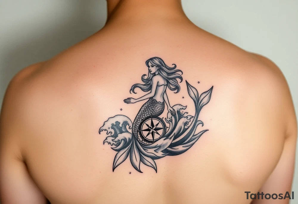 Mermaid in waves with compass tattoo idea
